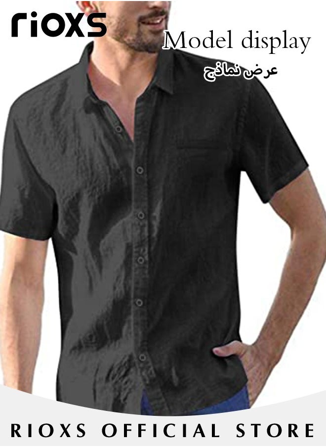 Men's Short Sleeve Henley Shirt, Loose Linen Cotton Button-Up Tops, Casual Beach Shirt For Men, Comfy Breathable Shirt For Travel Hawaii Work And Daily Wear, Button Down Shirt As Gifts For Grandfather/ Dad/ Boyfrind/ Husband