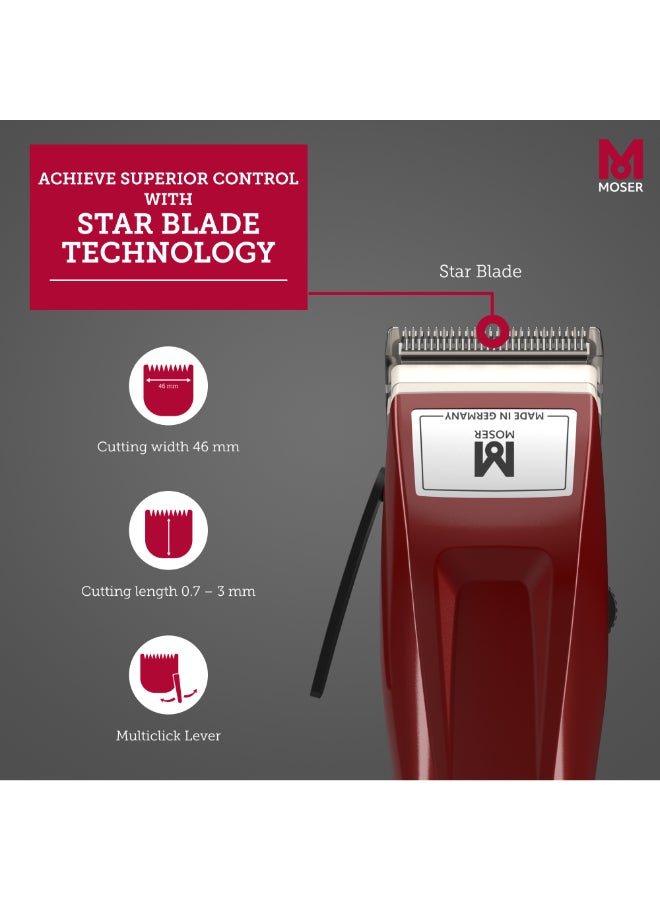 1400 Cordless Professional Hair Clipper For Men (Made In Germany) | High-Grade Stainless Steel Blade Set | Multiclick Adjustment | 3-Hour Battery Life And Fast Charging (1430-0150) Burgundy