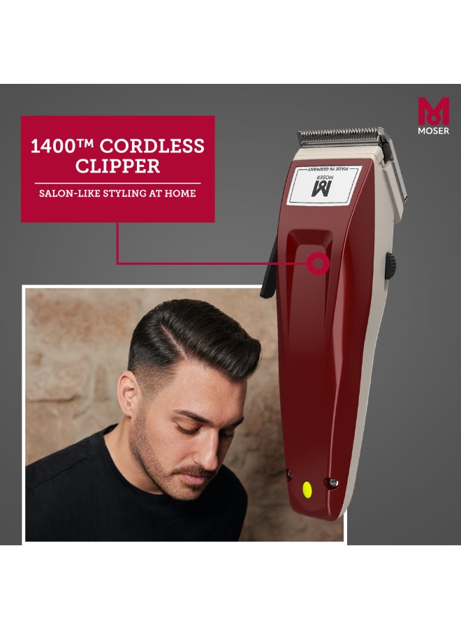 1400 Cordless Professional Hair Clipper For Men (Made In Germany) | High-Grade Stainless Steel Blade Set | Multiclick Adjustment | 3-Hour Battery Life And Fast Charging (1430-0150) Burgundy