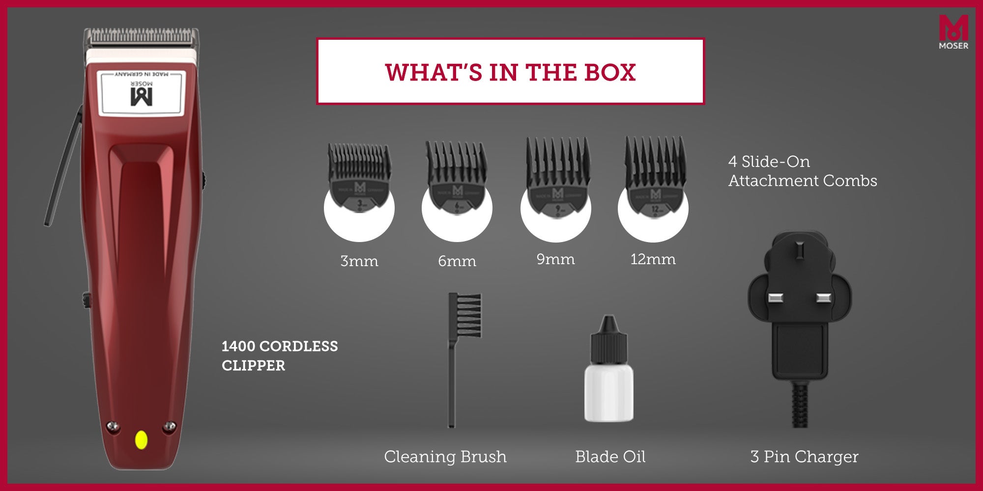 1400 Cordless Professional Hair Clipper For Men (Made In Germany) | High-Grade Stainless Steel Blade Set | Multiclick Adjustment | 3-Hour Battery Life And Fast Charging (1430-0150) Burgundy