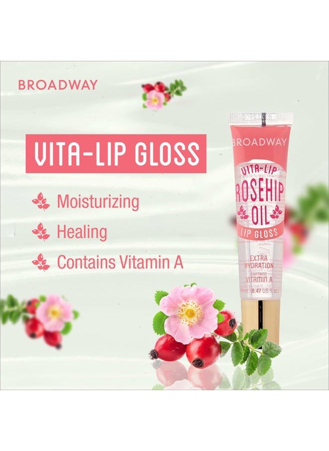 Broadway Vita-Lip Clear Lip Gloss (Rosehip Oil 48 Pack), Ultra-Hydrating & Soothing Formula with Vitamin Oils, High-Shine Non-Sticky Finish, Healing Glossy Lip Balm With Vitamin A