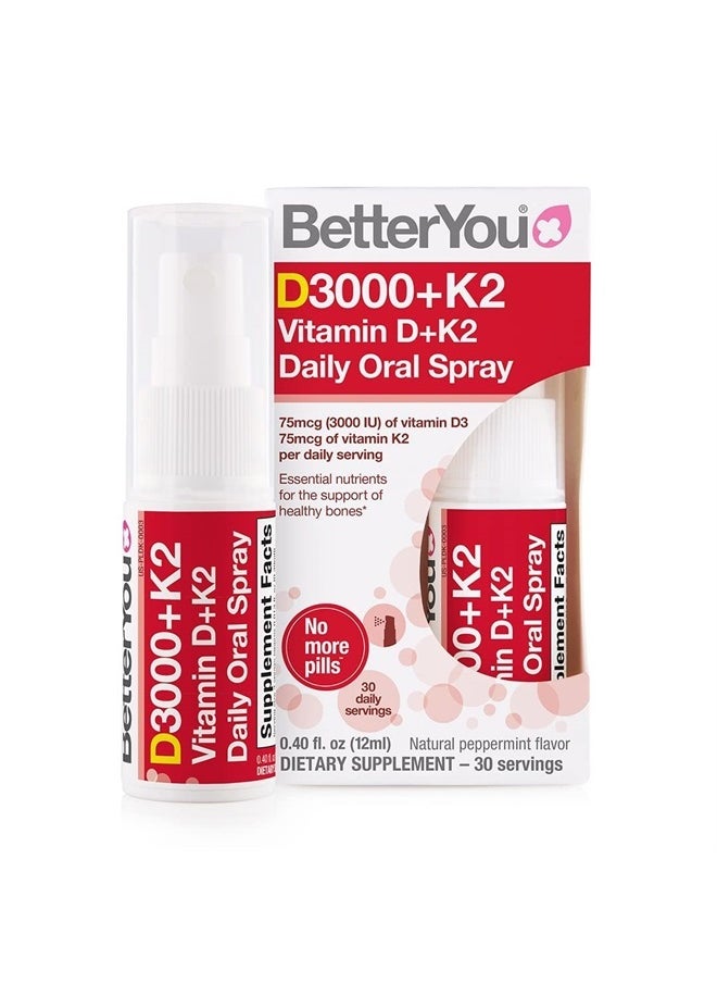 BetterYou Vitamin K2 and Vitamin D Spray Liquid Immune Support Supplement, 1000 IU Strength per Single Spray, 0.4 Fl Ounce (90 Sprays), Peppermint