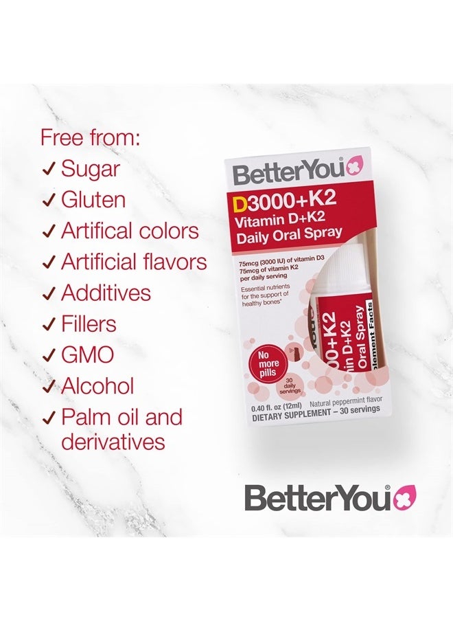 BetterYou Vitamin K2 and Vitamin D Spray Liquid Immune Support Supplement, 1000 IU Strength per Single Spray, 0.4 Fl Ounce (90 Sprays), Peppermint
