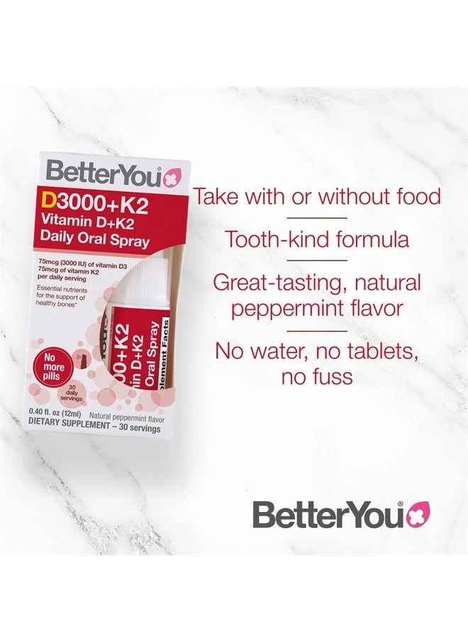 BetterYou Vitamin K2 and Vitamin D Spray Liquid Immune Support Supplement, 1000 IU Strength per Single Spray, 0.4 Fl Ounce (90 Sprays), Peppermint