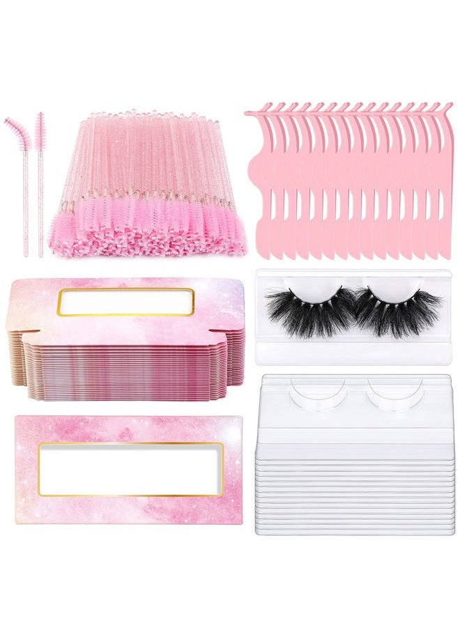 175 Pieces Lash Packaging Wholesale, Include 30 Empty Eyelashes Packaging Box, 30 False Lash Trays, 15 Eyelash Tweezers and 100 Eyelash Brush Mascara Wands Disposable (Pink)