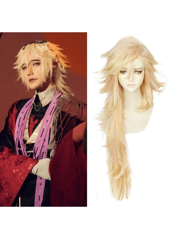 Wig Cap+ Long Blonde Wig Golden Orange Wig with Bangs for Men Women Anime Cosplay Party Wig Blonde Wig Long Blonde Wavy Wig Cosplay Costume Halloween Party Outfit