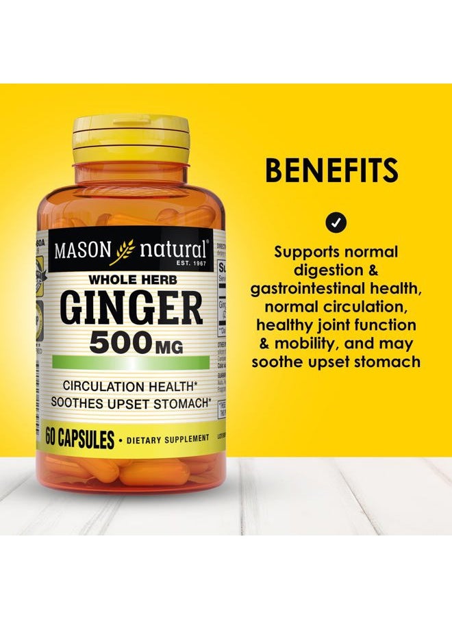Whole Herb Ginger 500 mg, 2 Month Supply, Natural Herbal Supplement, 60 Capsules