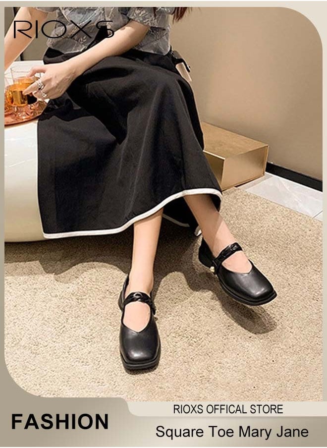 Women's Fashion Loafers Classic Soft Sole Mary Jane Shoes Square Toe Comfortable Low Heel Flats