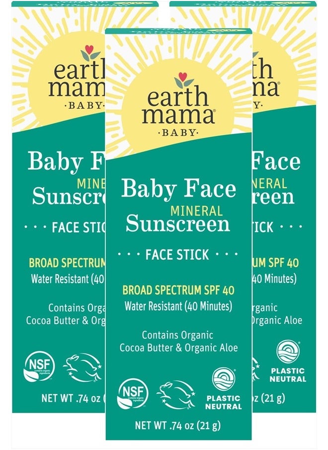 Baby Face Mineral Sunscreen Stick SPF 40 | Reef Safe, Non-Nano Zinc, Natural Water Resistant Sun Cream for Babies, Kids & Adults 0.74-Ounce, 3-Pack