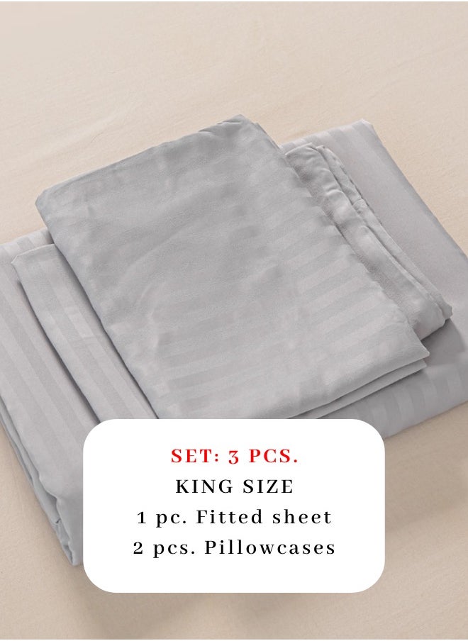 Fitted sheet with elastic corner 180*200+30cm with 2 pillow cases, bedsheet set 0f 3 piece king size, light gray.