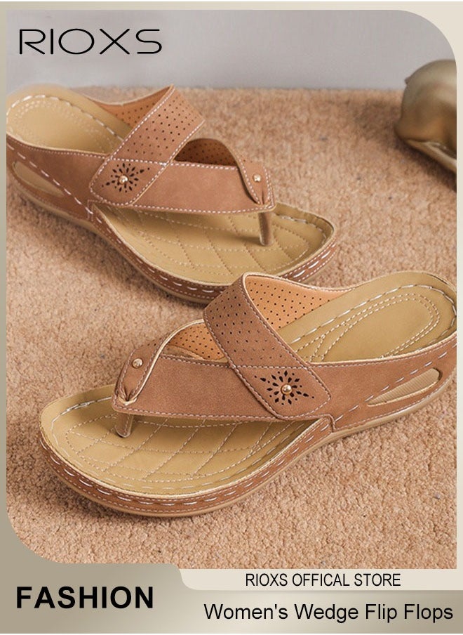Women's Fashion Wedge Flip Flops Casual Summer Slippers with Arch Support Staps Non-slip Platform Sandals for Indoor or Outdoor Use