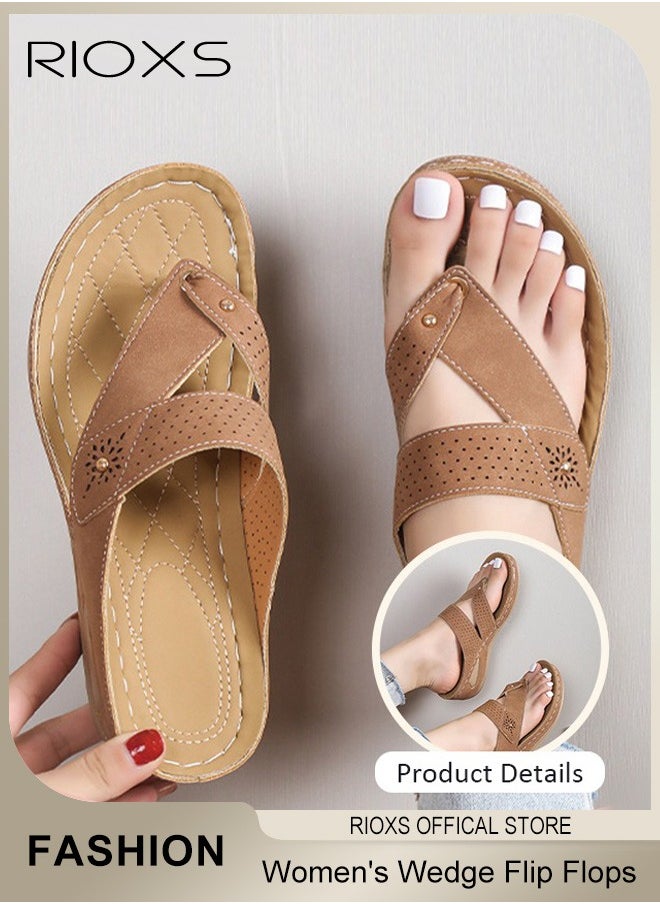 Women's Fashion Wedge Flip Flops Casual Summer Slippers with Arch Support Staps Non-slip Platform Sandals for Indoor or Outdoor Use