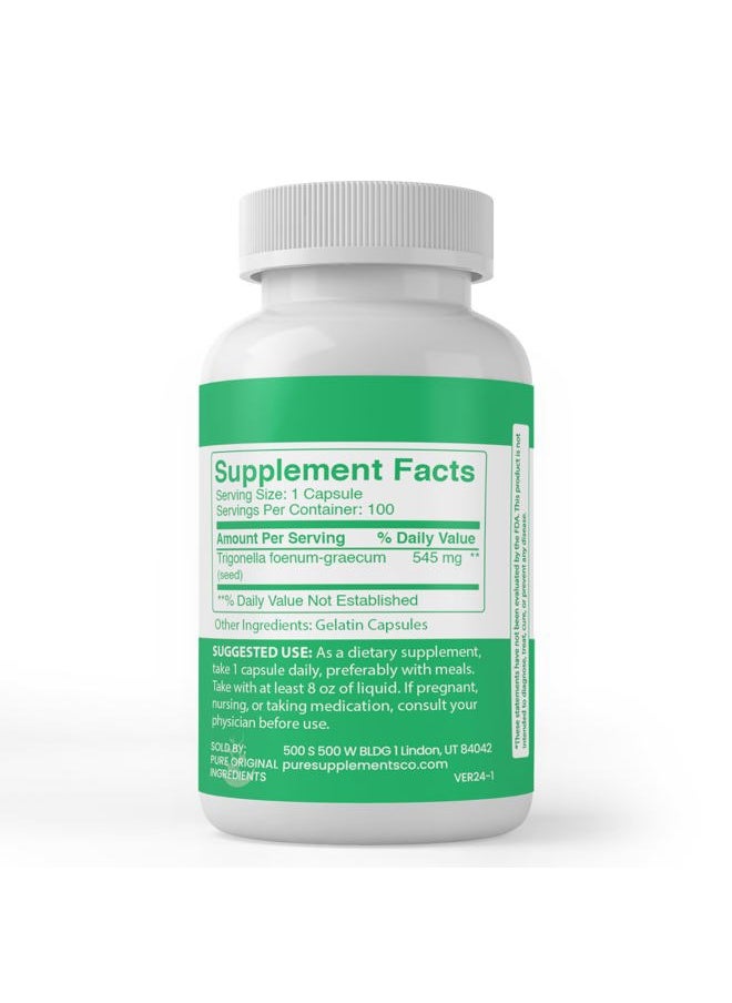 Fenugreek Seed, (100 Capsules) Always Pure, No Additives Or Fillers, Lab Verified