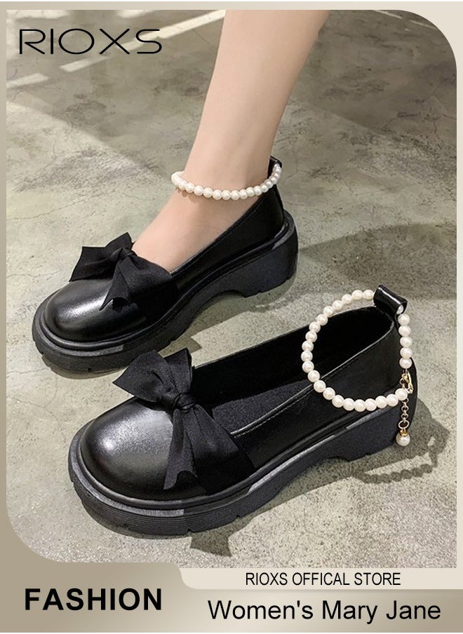 Women's Mid Block Heel Pumps Flat Mary Jane Shoes with Bow Pearl Strap Princess Wedding Party Dress Shoes