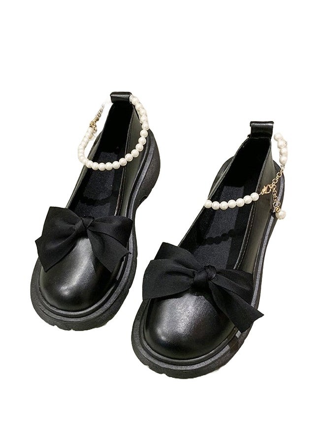 Women's Mid Block Heel Pumps Flat Mary Jane Shoes with Bow Pearl Strap Princess Wedding Party Dress Shoes