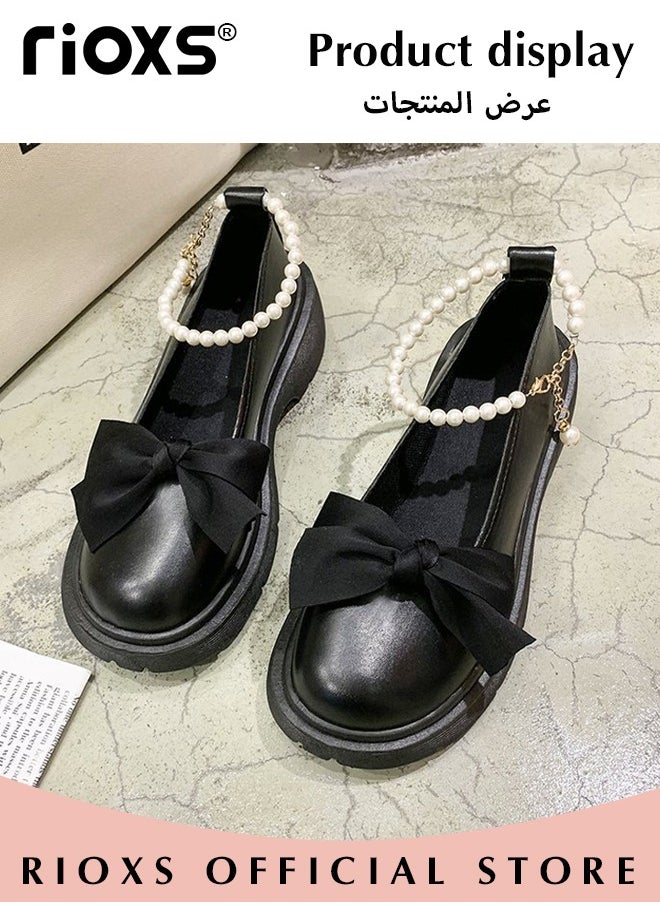Women's Mid Block Heel Pumps Flat Mary Jane Shoes with Bow Pearl Strap Princess Wedding Party Dress Shoes