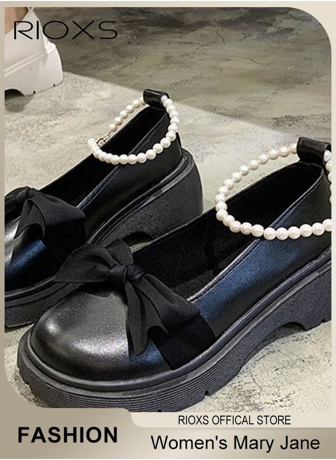 Women's Mid Block Heel Pumps Flat Mary Jane Shoes with Bow Pearl Strap Princess Wedding Party Dress Shoes