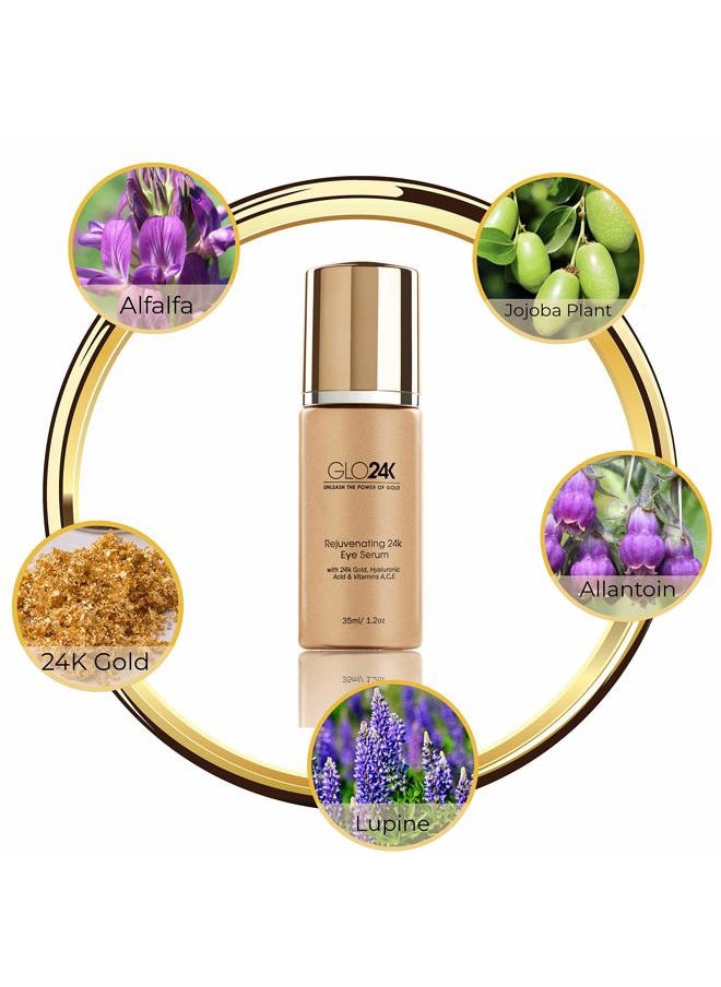 GLO24K Eye Serum with 24k Gold, Hyaluronic Acid, and Vitamins A,C,E. Potent Formula for the delicate skin around the eyes.
