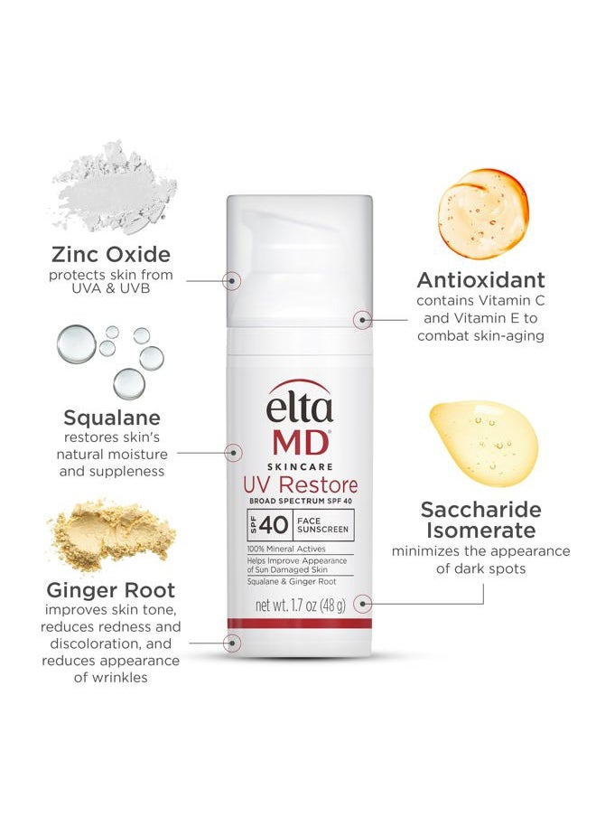 UV Restore Face Sunscreen, SPF 40, Mineral Sunscreen for Sun Damaged Skin Repair, Anti-Aging Zinc Oxide Moisturizer Formula for Face, 1.7 oz