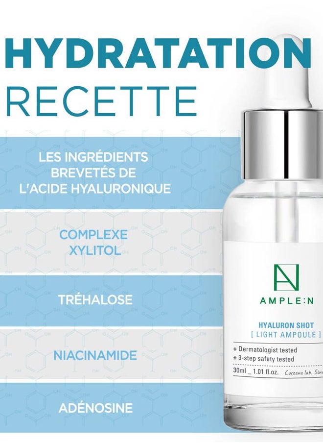 AMPLE:N Hyaluron Shot Light Serum - Hyaluronic Acid Moisturizing Serum - Hydrate Oily and Combination Skin and Restore Vitality – Plumping, Refreshing, Anti Aging Serum, 1.01 fl.oz.
