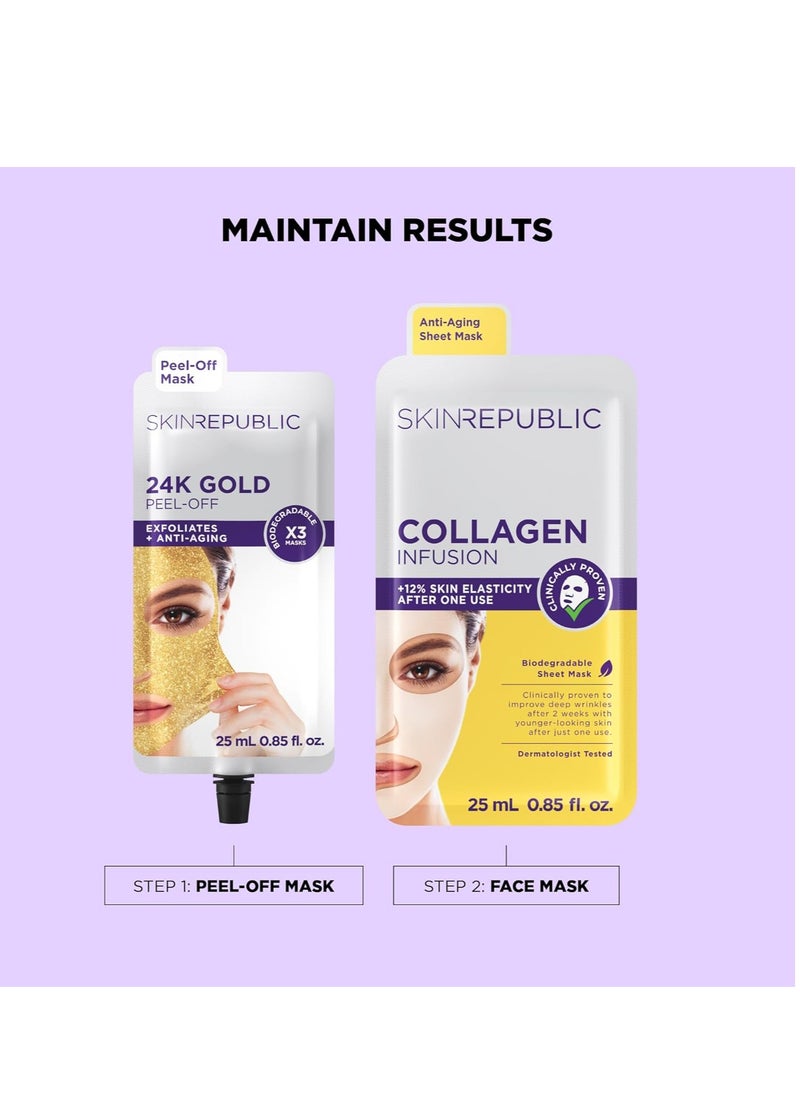 24K Gold Peel-Off Mask (9 Masks) – Anti-Aging Face Mask with Green Tea, Pomegranate & Fruit Acids – Exfoliates, Reduces Fine Lines & Wrinkles, Brightens, Restores & Protects Skin