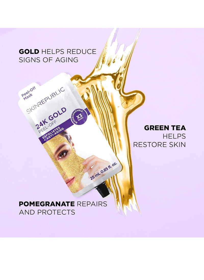 24K Gold Peel-Off Mask (9 Masks) – Anti-Aging Face Mask with Green Tea, Pomegranate & Fruit Acids – Exfoliates, Reduces Fine Lines & Wrinkles, Brightens, Restores & Protects Skin