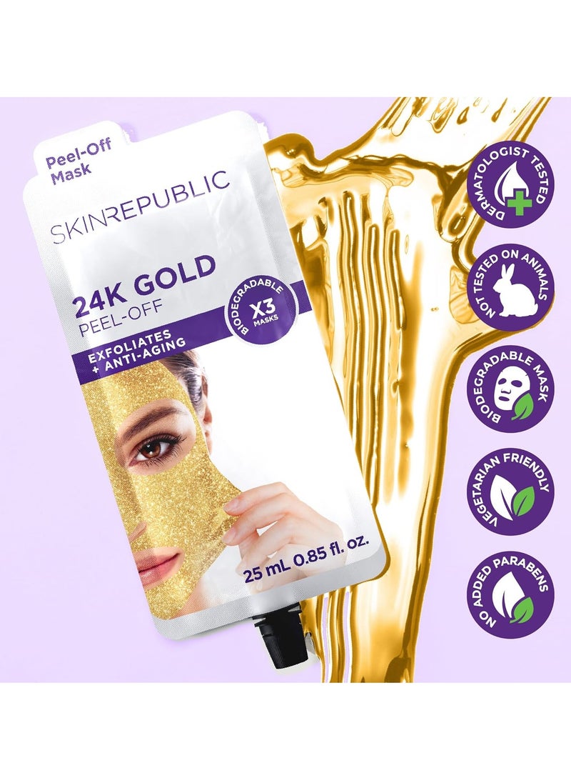 24K Gold Peel-Off Mask (9 Masks) – Anti-Aging Face Mask with Green Tea, Pomegranate & Fruit Acids – Exfoliates, Reduces Fine Lines & Wrinkles, Brightens, Restores & Protects Skin