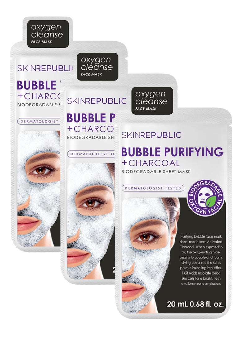 Face Mask Sheet (3 Masks) – Bubble Purifying Serum with Charcoal, Apple & Tea Tree, Fights Pimples, Minimizes Pores, Removes Blackheads, Controls Oil, Exfoliates & Brightens Skin