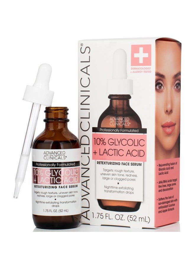 10% Glycolic Acid Serum For Face | Exfoliating AHA + Lactic Acid + Salicylic Acid Serum | Facial Chemical Peel Skin Care Treatment For Large Pores & Dark Spots. 1.75 FL Oz
