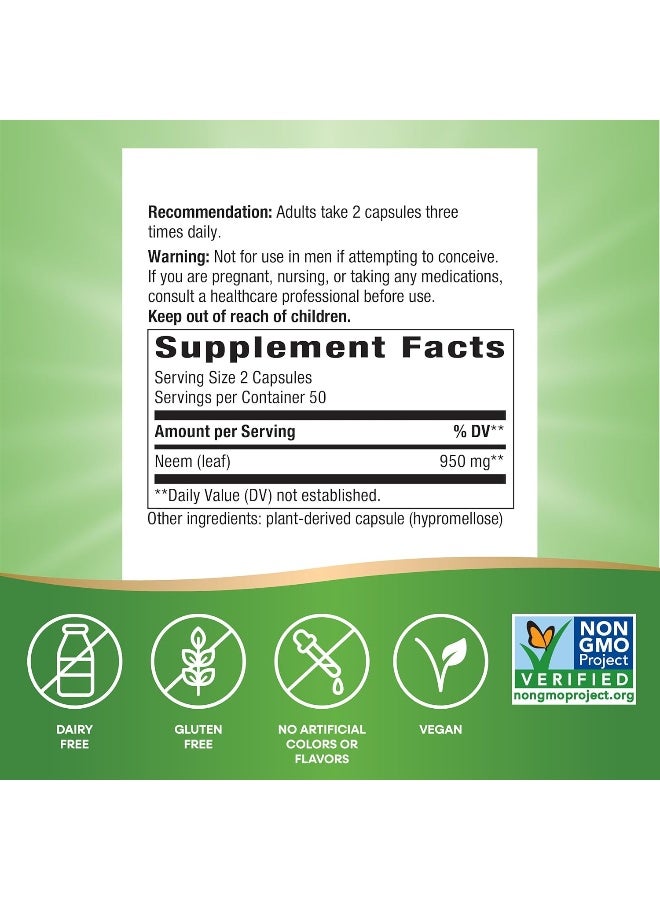 Neem Leaf, 950mg - 100 Vegan Capsules Packaging May Vary