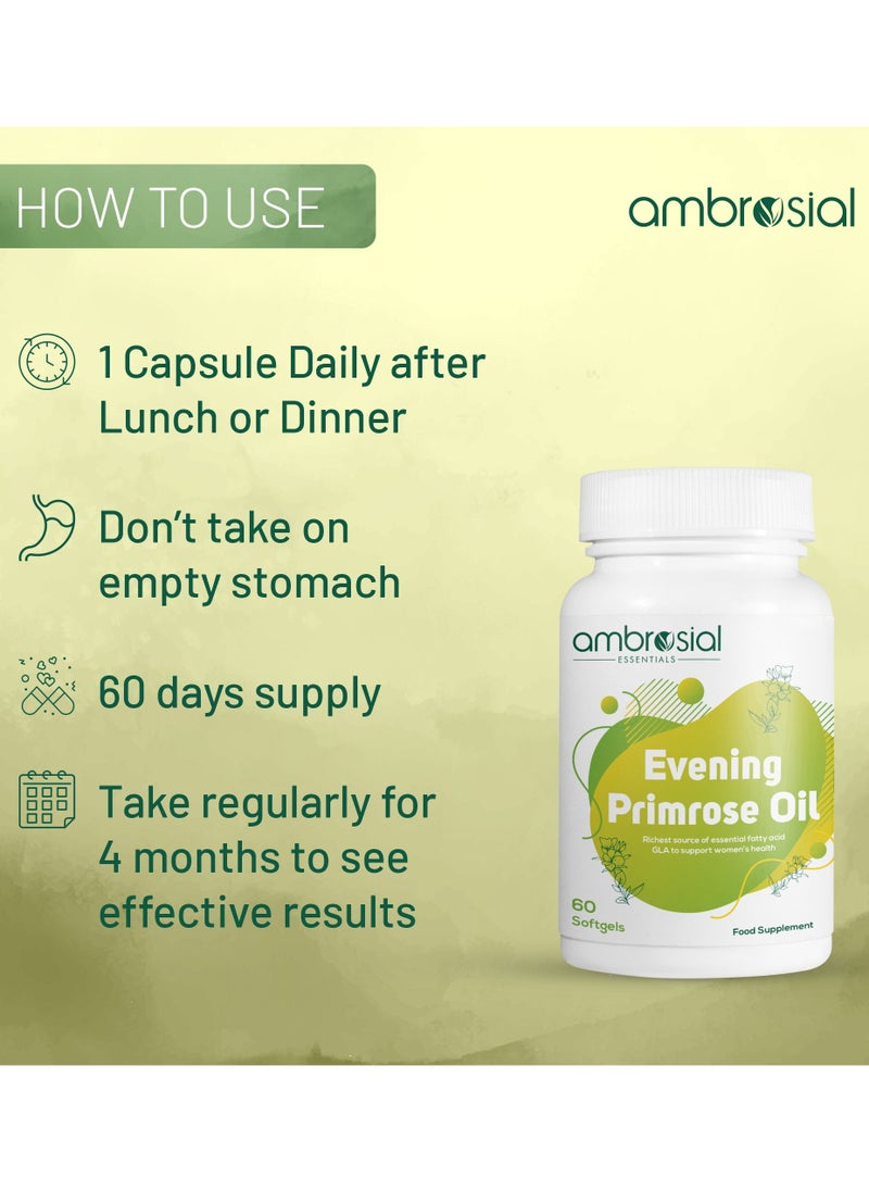 EPO Evening Primrose Oil Richest Source of Essential Fatty Acid GLA to Support Women's Health- 60 Softgels Food Supplement