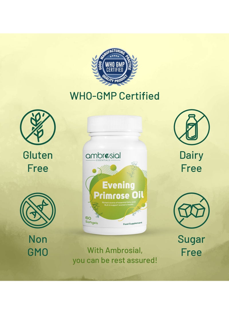 EPO Evening Primrose Oil Richest Source of Essential Fatty Acid GLA to Support Women's Health- 60 Softgels Food Supplement