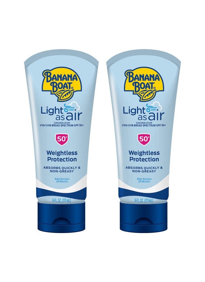 Light As Air Sunscreen Lotion SPF 50 Twin Pack | Lightweight Sunscreen, Lotion Sunscreen, Banana Boat Sunscreen Lotion for Body, Non-Greasy Sunscreen, Oxybenzone Free Sunscreen, 6oz each