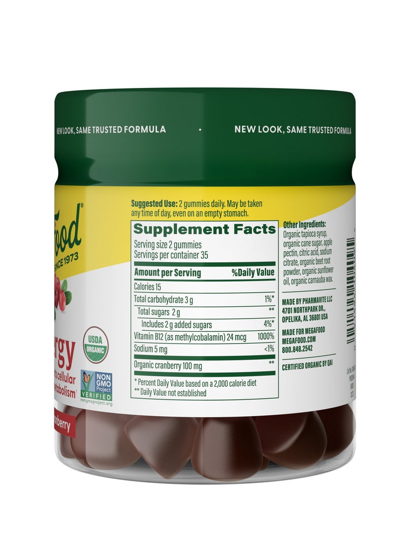 MegaFood Vitamin B12 Energy SUPPORTS CELLULAR ENERGY METABOLISM, DIETARY SUPPLEMENT, 70 GUMMIES / 35 SERVINGS- CRABERRY