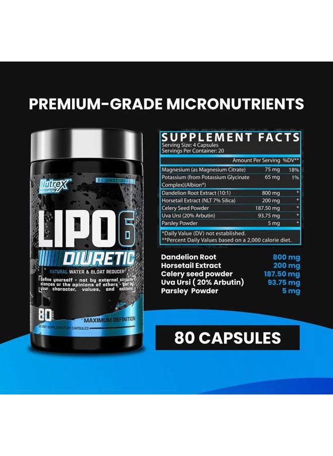 Lipo 6 Black Diuretic Water Pills (80 Caps) - Diuretics Reduce Bloat, Water Weight & Enhances Muscle Definition - Water Pill Bloating Relief - Diuretics for Water Retention Pills