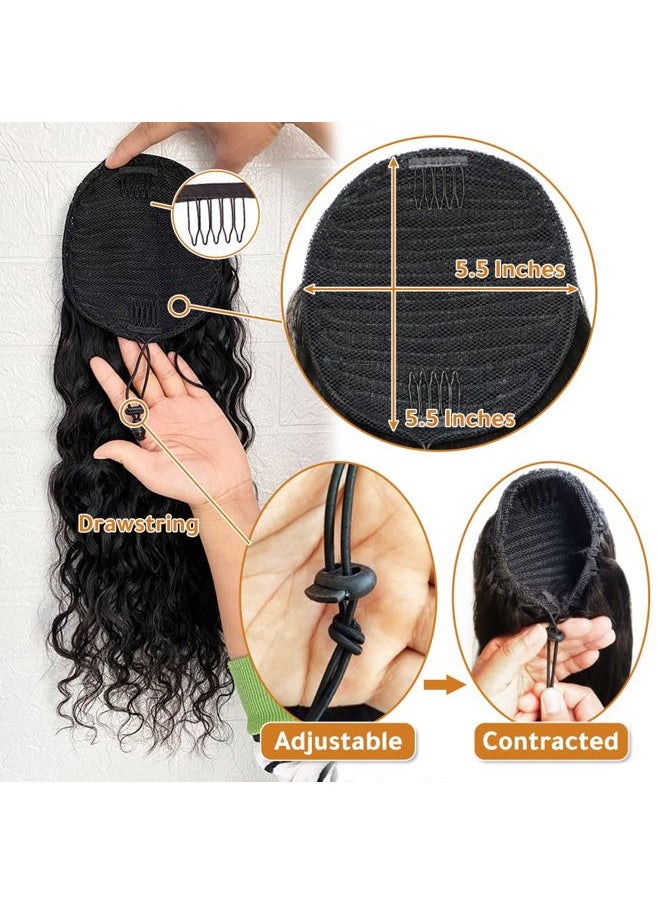 Alisfeel Brazilian Natural Wave Ponytail Extensions Human Hair 9A Grade Drawstring Water Wavy Clip In Hairpiece for Black Women Corn Wave Ponytail Human Hair Extension (20 Inch)