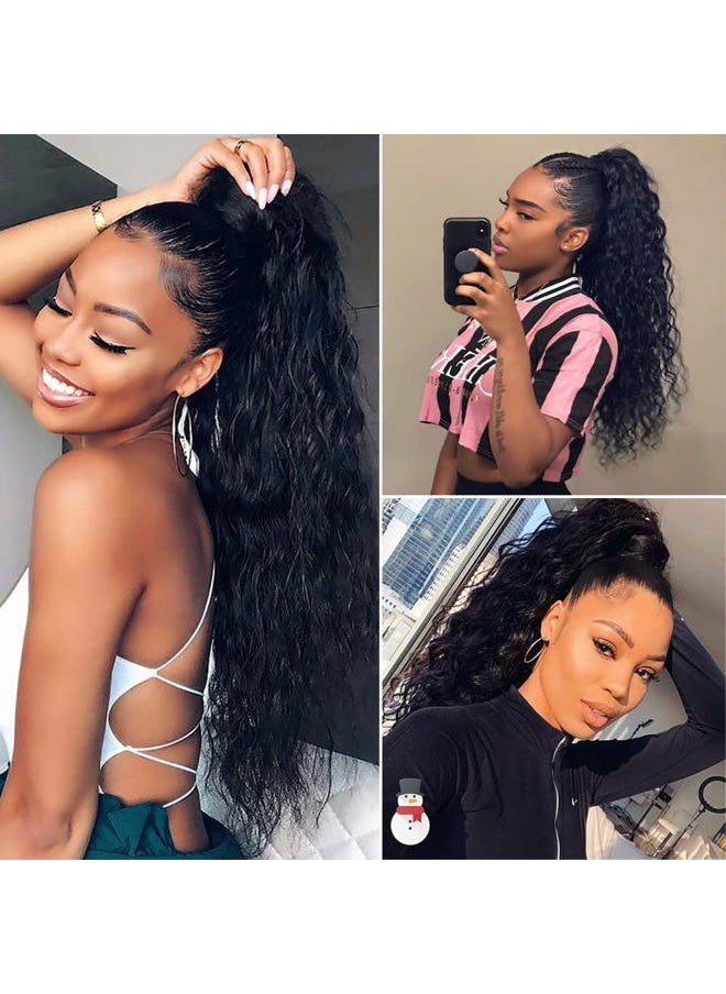 Alisfeel Brazilian Natural Wave Ponytail Extensions Human Hair 9A Grade Drawstring Water Wavy Clip In Hairpiece for Black Women Corn Wave Ponytail Human Hair Extension (20 Inch)