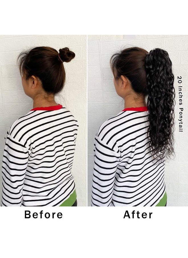 Alisfeel Brazilian Natural Wave Ponytail Extensions Human Hair 9A Grade Drawstring Water Wavy Clip In Hairpiece for Black Women Corn Wave Ponytail Human Hair Extension (20 Inch)