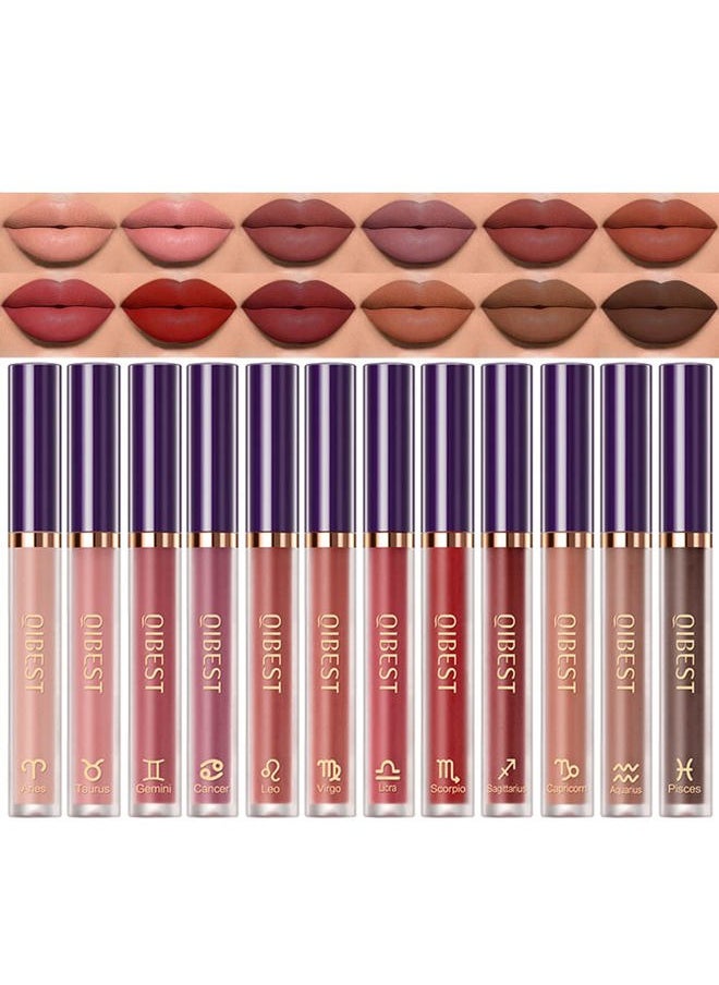 12Pcs Matte Lipstick Lip Makeup Kit, Velvety Liquid Lipstick Waterproof Long Lasting Durable Nude Zodiac Signs Lip Gloss Beauty Cosmetics Gift Box Makeup Set Kit (12 Piece Set)
