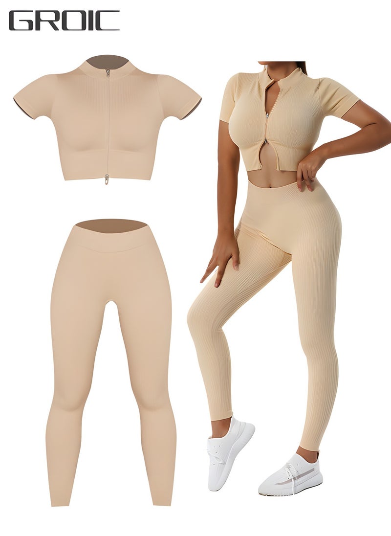 2 Piece Yoga Sets for Women Zip Up Crop Tops Ribbed High Waist Pants Exercise Workout Outfits Yoga Gym Activewear Set(L)