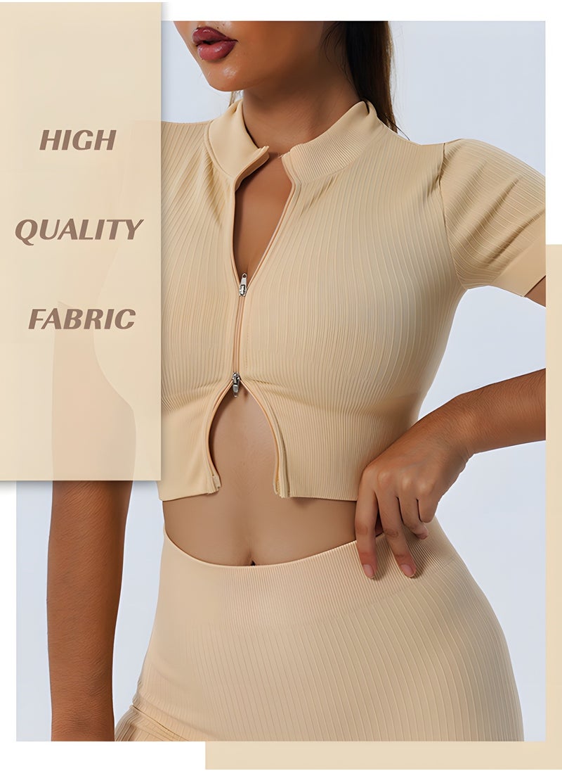 2 Piece Yoga Sets for Women Zip Up Crop Tops Ribbed High Waist Pants Exercise Workout Outfits Yoga Gym Activewear Set(L)