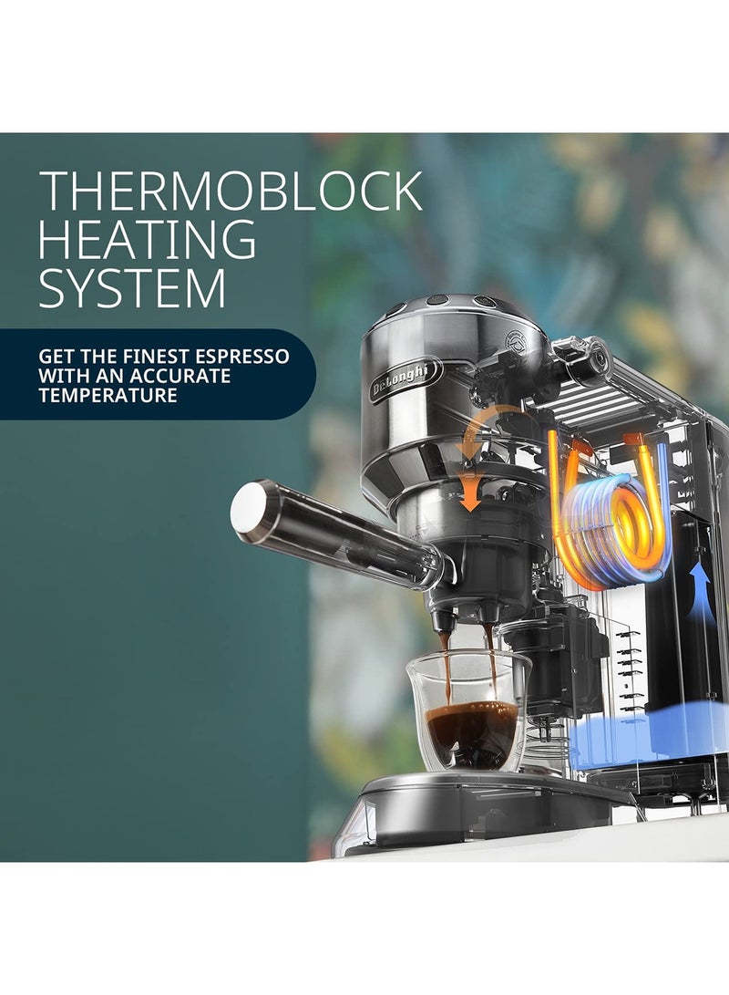 Dedica Pump Espresso Manual Coffee Machine | Cappuccino, Latte Macchiato With Milk Frother | Thermo Block Heating System For Accurate Temperature | Easy To Clean | 1.1 L 1450 W EC685.BK Black/Silver