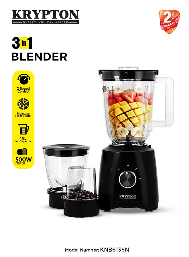 3 in 1 Blender with Stainless Steel Blades, Unbreakable PC Jar with Grinder Cups,  2 Speed Switch with Pulse Function, Powerful Motor and Stylish Design 1.5 L 500 W KNB6136N Black/Clear