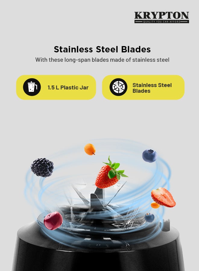 3 in 1 Blender with Stainless Steel Blades, Unbreakable PC Jar with Grinder Cups,  2 Speed Switch with Pulse Function, Powerful Motor and Stylish Design 1.5 L 500 W KNB6136N Black/Clear