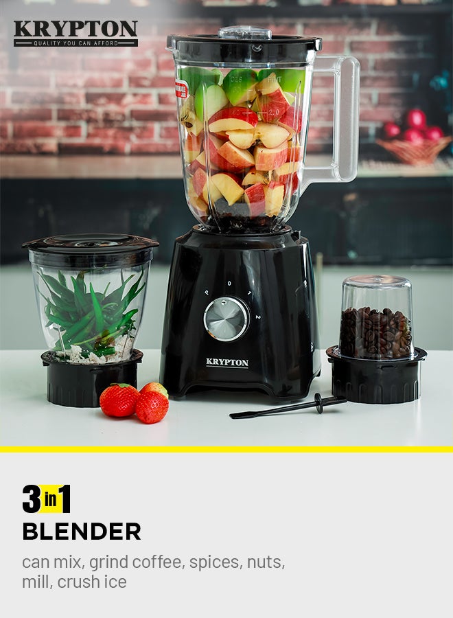 3 in 1 Blender with Stainless Steel Blades, Unbreakable PC Jar with Grinder Cups,  2 Speed Switch with Pulse Function, Powerful Motor and Stylish Design 1.5 L 500 W KNB6136N Black/Clear