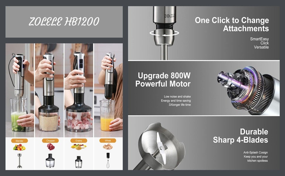 Hand Blender Stainless Steel Blades,5-in-1  Functionality for Blending,Chopping,Whisking,1200W,8 Speeds for Baby Food,Juice HB1200-Sliver/Black