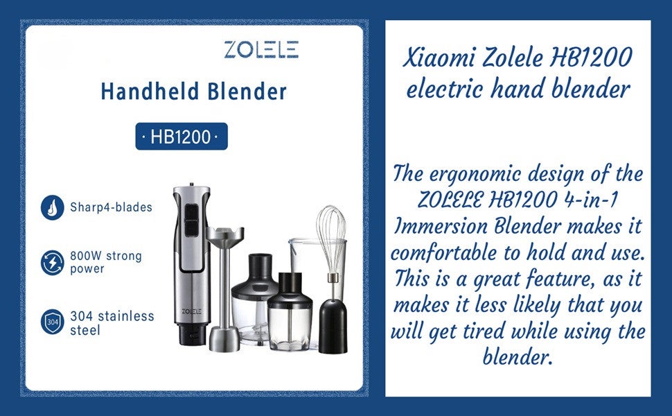 Hand Blender Stainless Steel Blades,5-in-1  Functionality for Blending,Chopping,Whisking,1200W,8 Speeds for Baby Food,Juice HB1200-Sliver/Black