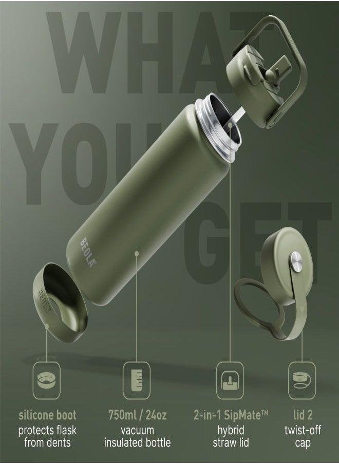 750ml Vacuum Insulated Water Bottle, Double Wall Thermolab series Stainless Steel Drinking Flask with Straw Lid & Wide Mouth, 2 lids, Hot Cold Thermos Sports Bottle, 24oz (Forest Green)