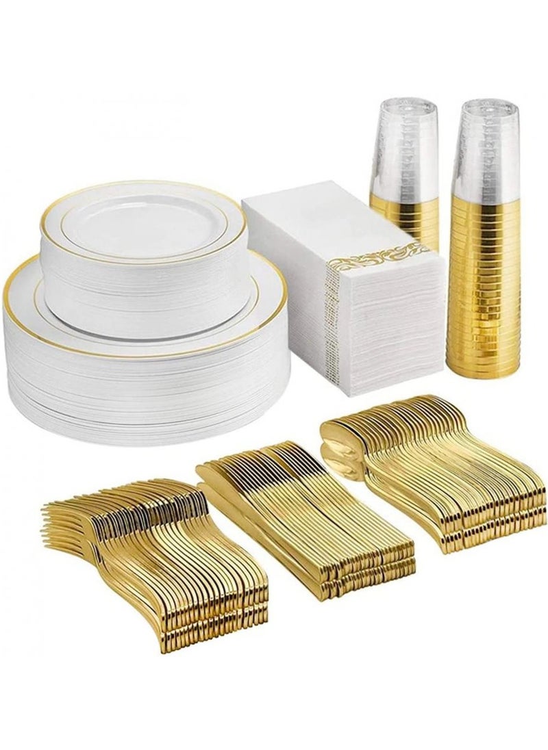 175Pcs Gold Disposable Party Dinnerware Set – Dinner Plates, Salad Plates, Cups, Napkins, Cutlery for 25 Guests