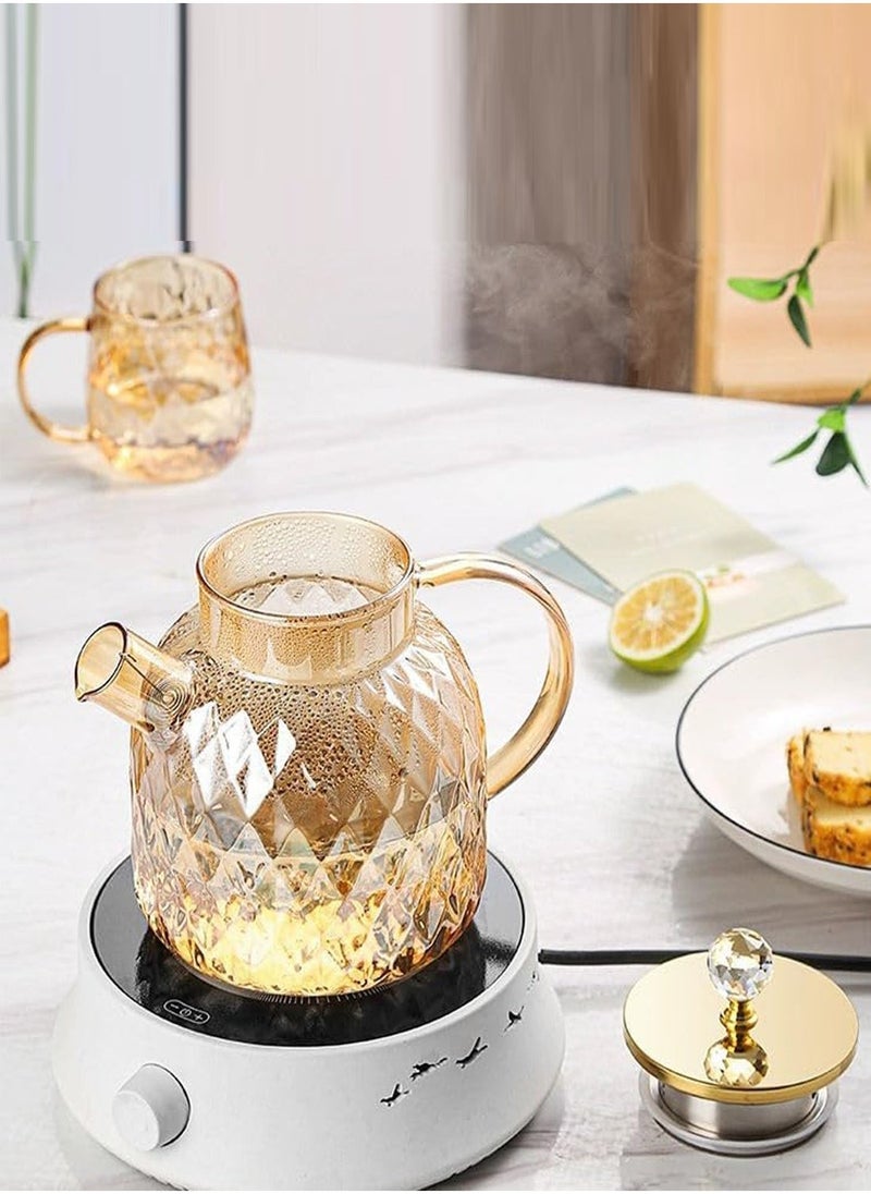 Heat Resistant Borosilicate Diamond Pattern Glass Teapot With Stainless Steel Strainer Lid And Infuser, 1200 ML